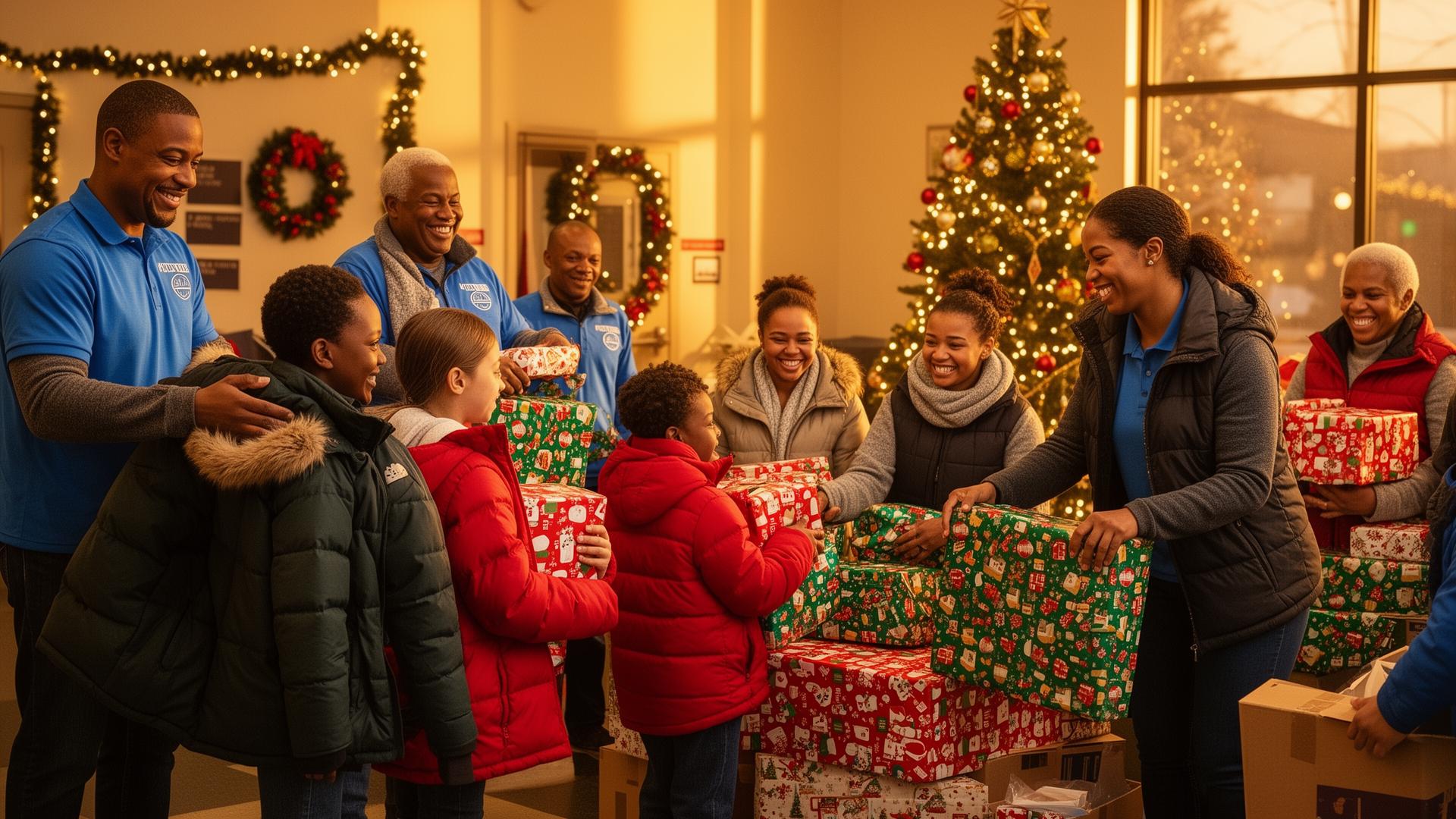 Volunteers distributing Christmas gifts to families