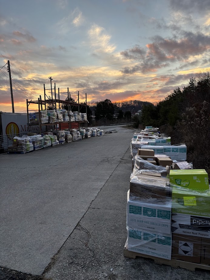 Donation pallets at sunset